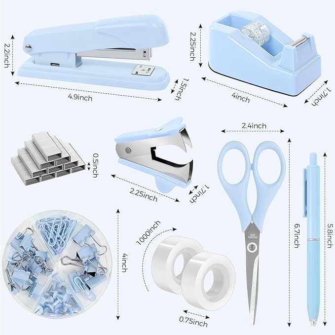 SKYDUE Blue Office Desk Accessories, Blue Office Supplies, Stapler, Tape Dispenser, Scissors, Clips and 1000pcs Staples,Desk Supplies for Women