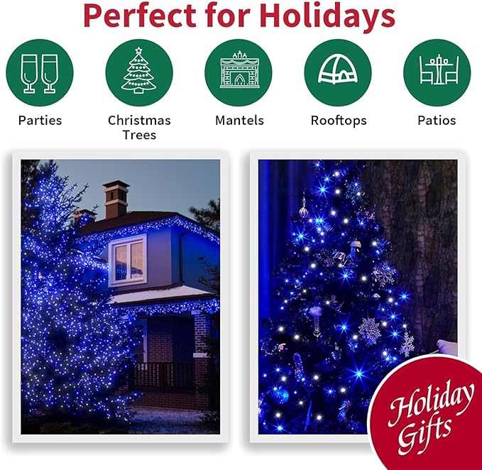 LAMPHOME 66FT 200 LED Blue White String Lights, 16 Modes Plug In Mini Fairy Lights, Waterproof Outdoor Christmas Lights for Hanukkah Xmas Tree Garland Bedroom Ocean Party July 4th Patriotic Decoration