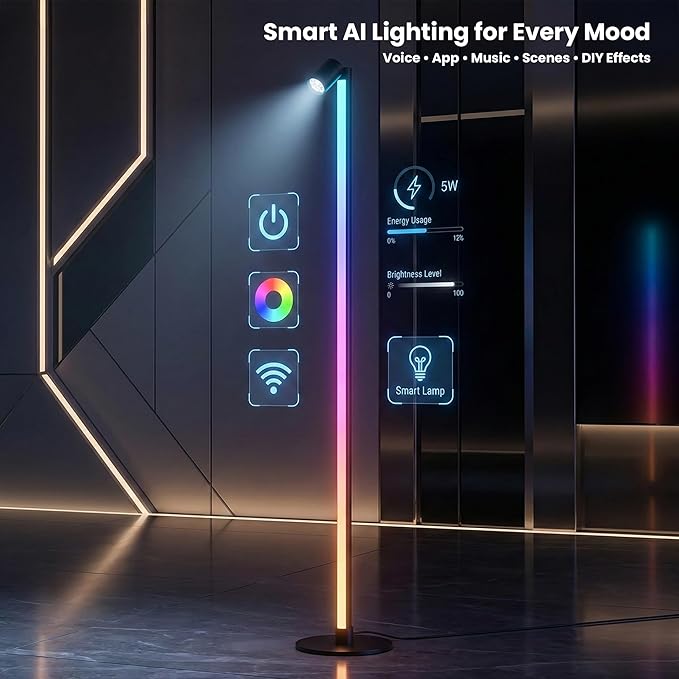 24V Smart RGB Floor Lamp with Independent Color Control Warm & Cool White, 2000 Lumens Reading Light, Music Sync, Compatible with Alexa & Google Assistant, App & Remote Control
