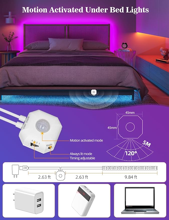 Daymeet Motion Sensor Under Bed Lights, 9.8ft RGB Motion Activated LED Strip Lights with Automatic Shut Off Timer App Control Cabinet Night Light Closet Lights for Hallway, Kitchen,Bedroom,Stair