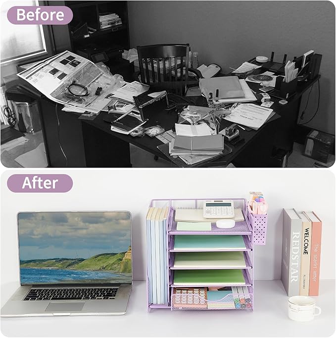 Desk Organizer with Drawer and Pen Holder, 5-Tier Paper Letter Tray Organizer with File Holder, Suitable for Workspace Organizer Office Supplies Storage (Purple)