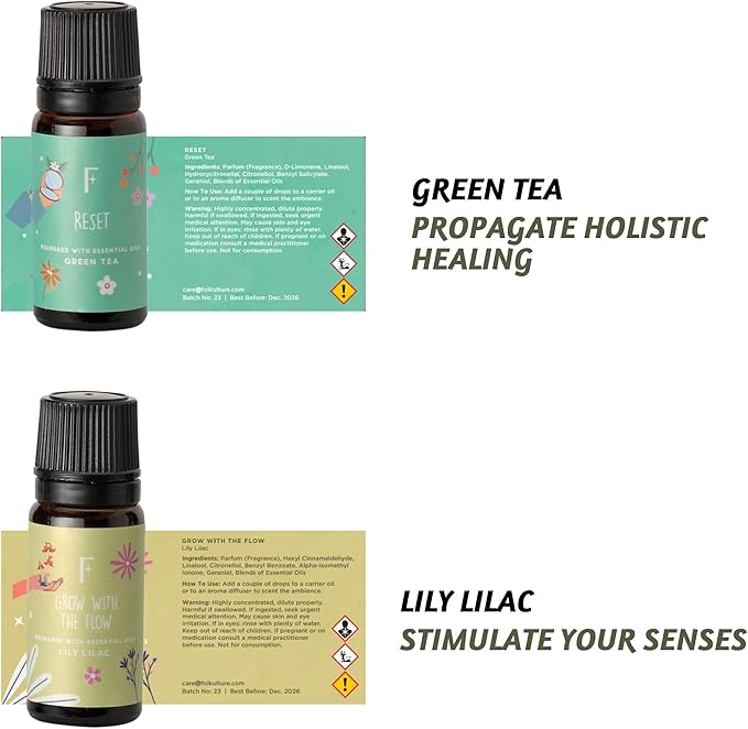 Folkulture Essential Oils Set | 6 Relaxing Fragrance Oils for Diffusers | Green Tea, Cashmere, Ocean Salt and More| Aromatherapy Gift Set for Her, Him | Self-Care Lovers | Self Love Club