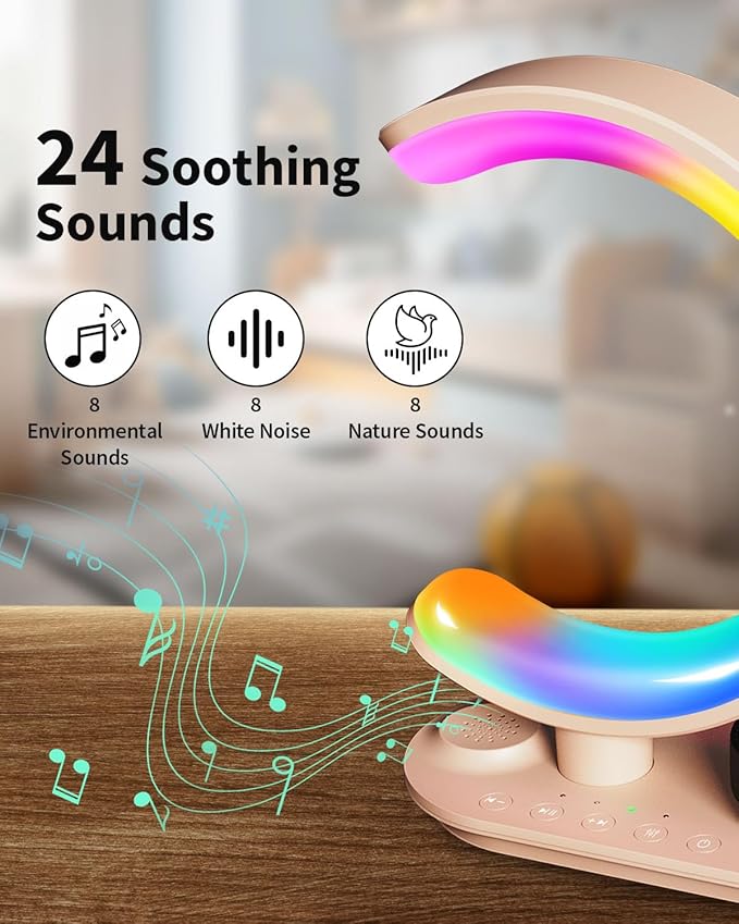 4 in 1 Bluetooth Speaker Night Light with Wireless Charger, Atmosphere Lamp with 24 Soothing Sounds, 16M+ Colors & App Control, Smart Light Sound Machine for Bedroom Home Decor (Golden)