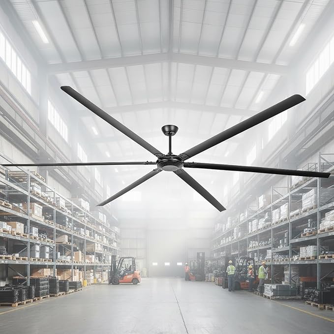 120 Inch Ceiling Fans without Lights High Airflow Industrial Black Ceiling Fan for Shop Garage Barn, 6-Speed Reversible DC Motor Big Commercial Fan with Remote Control, 6 Aluminum Blades, ETL