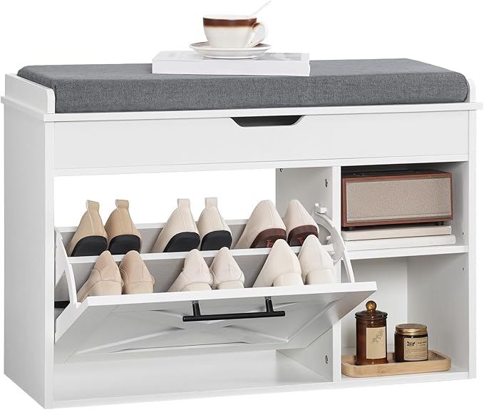 HOOBRO Shoe Storage Bench with Cushion, Modern Entryway Bench with Flip Drawer and Hidden Top Compartment, Shoe Cabinet with Seat and Adjustable Shelves for Hallway, 31.5" L, White and Gray, WG55HX01