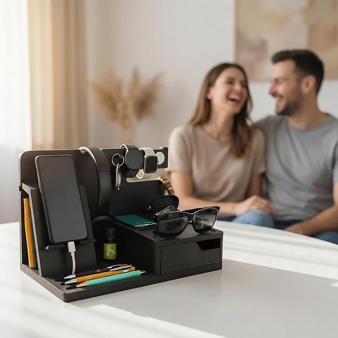 Nightstand Organizer- Bedside Docking Station for Men- Unique Gifts for Husband, Father or Dad from Wife, Son or Daughter- Desk Organizer for Phone, Watches, Wallet & Accessories (Black)