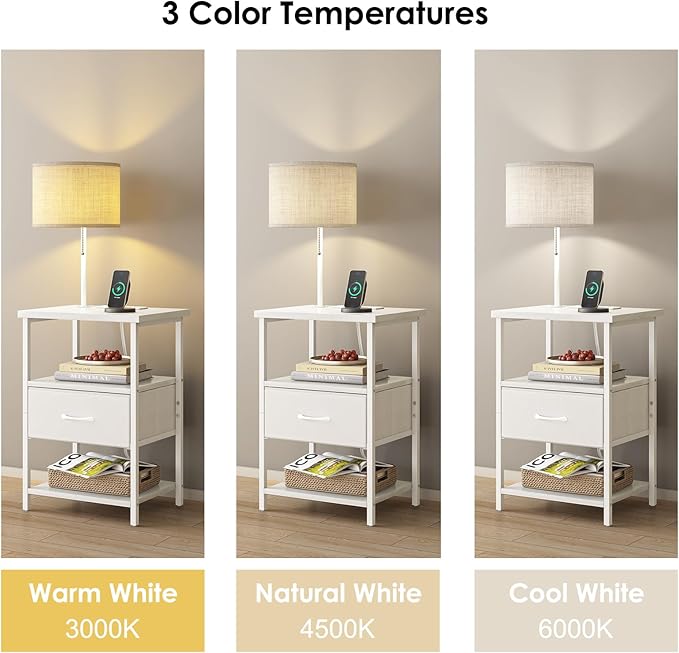 Fixwal Bedside Table with LED Lights Nightstand with 3 Color Temperatures Bulb, Tall NightStand with Charging Station End Table with Adjustable Fabric Drawer for Bedroom Dorm (White)