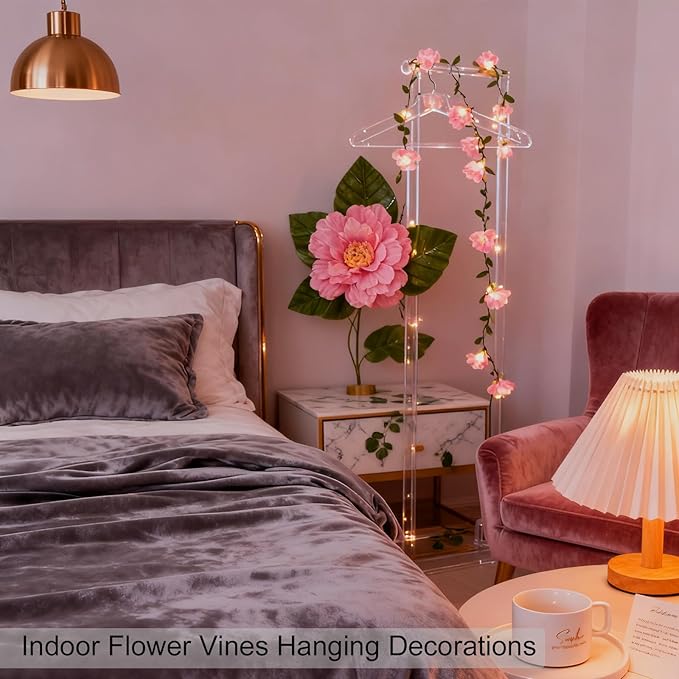 Fairy Flower Leaf String Lights, USB Plug in 16.5ft 50 LED Decorative Pink Cherry Blossom Vine for Girl's Bed Room Window Wall Wedding Birthday Party Christmas Hanging Indoor Decorations