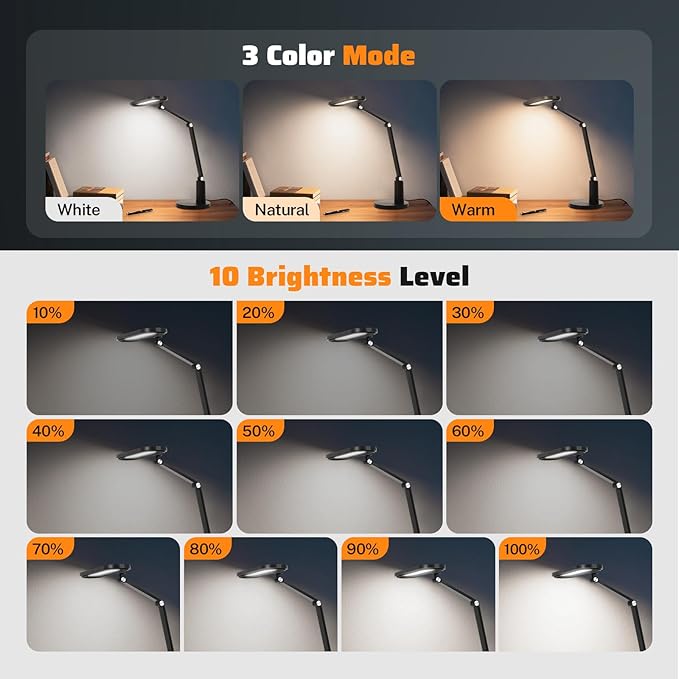 Desk Lamp for Home Office, Video Conference Light with Adjustable Arm, LED Desk Lamp for Working, Studying and Reading, Large Lighting Range, 10 Brightness Levels