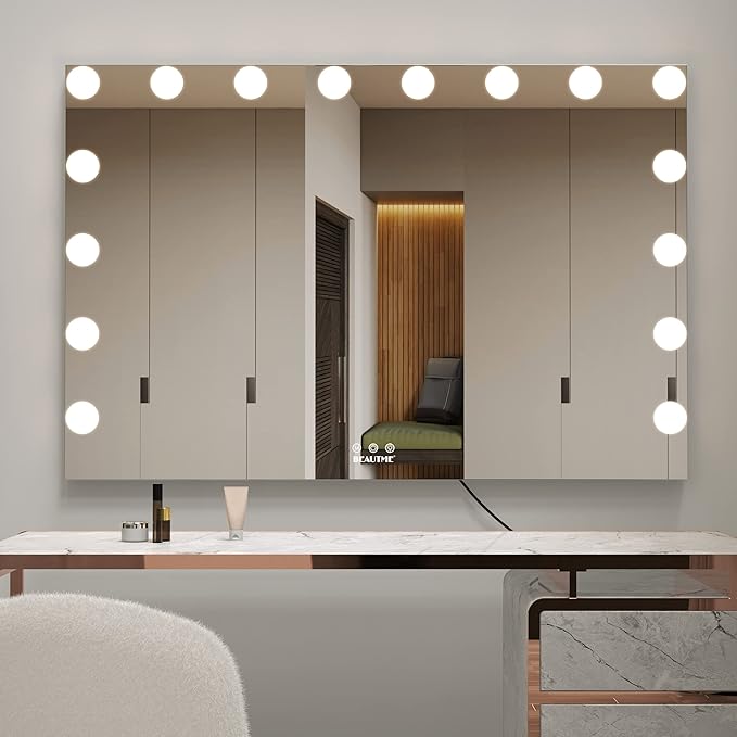 BEAUTME Hollywood Makeup Mirror,Vanity Mirror with Lights, LED Mirrors, Tabletop or Wall-Mounted Mirror with 16 Dimming LED Bulbs, Silver(911×180×616mm)