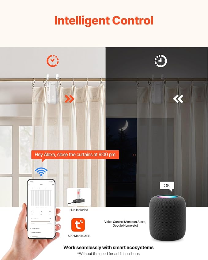 VEVOR Automatic Curtain Opener, APP and Remote Control, Hub Included, Electric Smart Curtain Opener Compatible with Alexa and Google Home, Timed Opening and Closing, Silent Mode, for Roman Rods