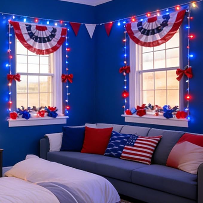 LAMPHOME 33ft Red White Blue String Lights, 100 LED 4th of July Patriotic Fairy Lights Plug in, 16 Lighting Modes Starry Lights for Outdoor Tree Independence Day Memorial Day Party Decor