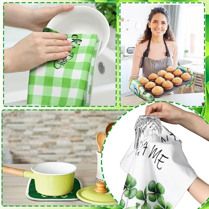 Fourluoo 10 Pcs St Patricks Day Kitchen Set Shamrocks Kitchen Towels and Rugs Oven Mitts and Pot Holders Irish Decor for Women Mom Gift Cooking Baking Grilling