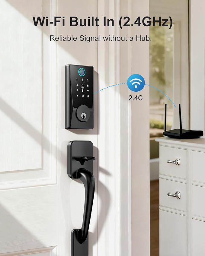 WiFi Smart Lock with Handleset, Built-in WiFi Door Lock, Keyless Entry Deadbolt for Front Door, Fingerprint, App & Remote Control, Compatible with Alexa & Google Assistant, Auto Locking