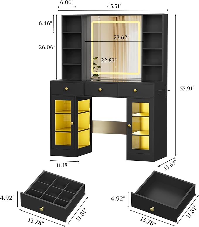 Makeup Vanity Desk with Mirror and Lights, 43" Black Vanity with Glass Top, Jewelry Storage, 3 Drawers & Glass Cabinets, Power Outlet & Adjustable LED Lights, Dressing Table for Women & Girls Bedroom