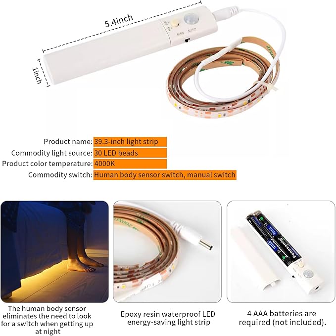 2 pcs Battery Powered motion sensor light strip,indoor,closet lights,flexible self adhesive led strips lights,hallway light,warm bedside lights,stair,bedroom,kitchens,living room,corridors,Cabinet