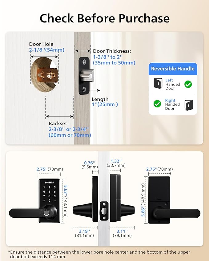 Philips Wi-Fi Smart Door Lock with Handle, Keyless Entry Door Lock for Front Door Lock Set with App Remote Control, Fingerprint Door Handle Lock, Touchscreen Keypad Lever Lock Front Door Handle