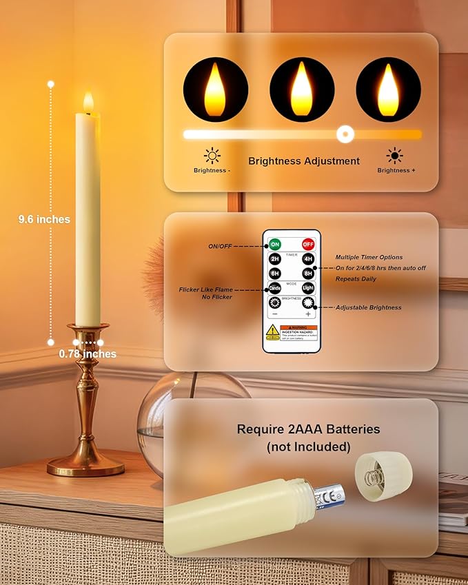 Homemory 24 Pcs Waxy Flameless Taper Candles with Remote, Flickering Battery Operated Taper Candles, Led Flameless Candlesticks Classic Tall Candle for Home, Wedding, Party, Ivory, 9.6 inches