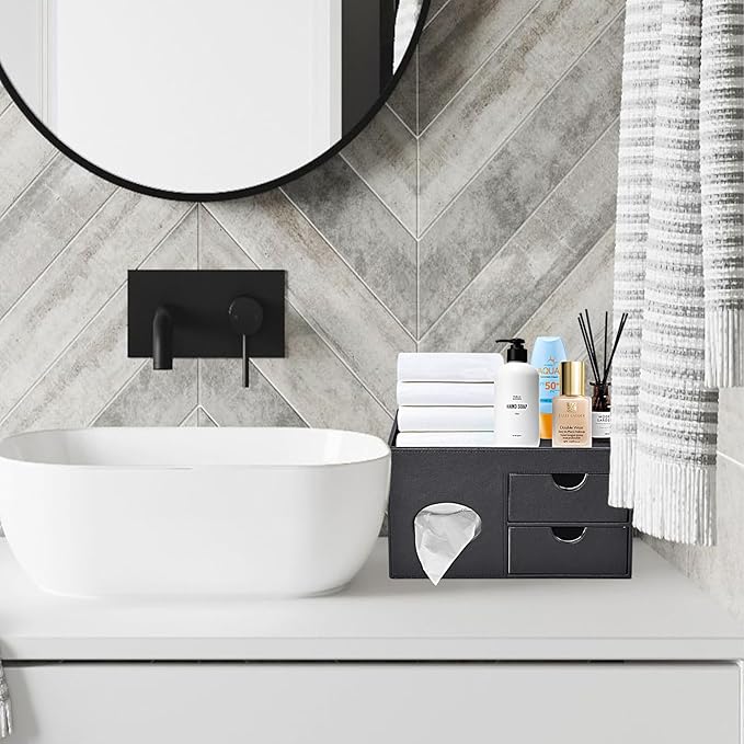 Square Tissue Box Cover with Drawers,Tissue Box Holder with Storage Tray, Makeup Organizer and Desk Organizer,Tissue Holders Decorative for Bathroom Vanity NightStand Dressing Table (Black)
