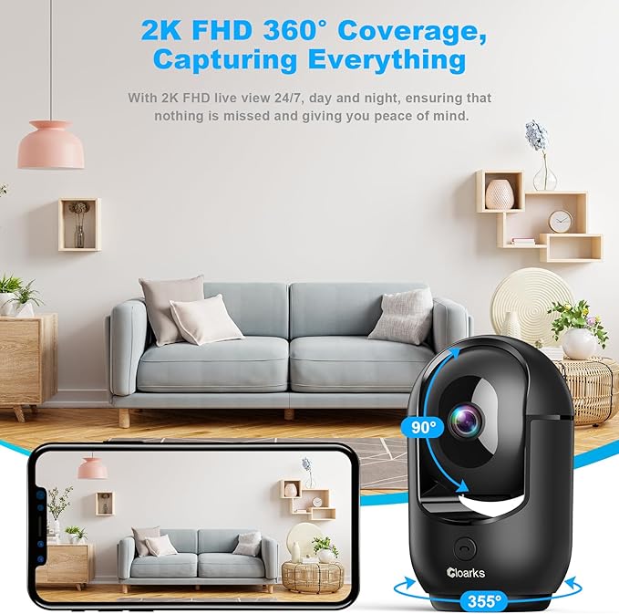 2K Pan/Tilt Security Camera, WiFi Indoor Cameras for Home Security with AI Motion Detection, Pet/Dog/Baby Camera with Phone App, 2-Way Audio, 24/7, Siren, TF/Cloud Storage，Black