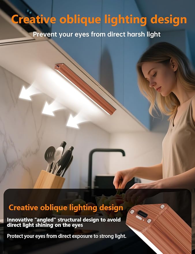 Under cabinet lighting wireless, 2400mAh rechargeable cabinet light, battery operated, magnetic, stick on, 106 LED 3-Color shelf lights, dimmable, with Remote Control(Wood color, 2-Pack 12.2inch)