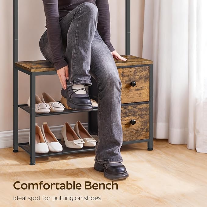5-in-1 Hall Tree with Drawers, Entryway Bench with 8 Adjustable Coat Rack and Shoe Storage, Industrial Coat Rack with Bench for Entryway and Front Door, Rustic Brown and Black MT06BR