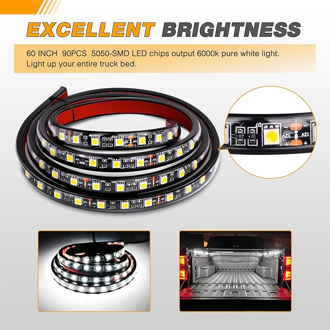 GOOACC Truck Bed Light Strip 2PCS 60" 180 LEDs White Lighting Waterproof for 12V Car Cargo Pickup SUV RV Boat, On/Off Switch Blade Fuse 2-Way Splitter Cable