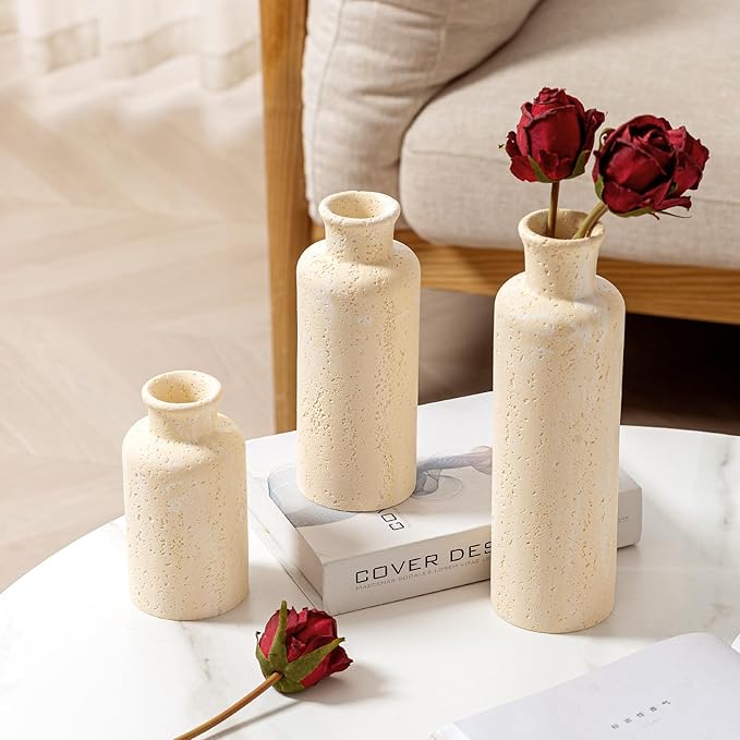 Flower Vase Set, Stone Look, 3 PCS Small Decorative Bud Vases for Pampas Grass, Farmhouse Decor, Kitchen, Living Room, Bathroom, Bedroom, Office, Shelf Centerpiece Table Decoration (Yellow)