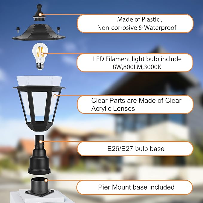 FUDESY Outdoor Post Light, Exterior Lamp Post Light Fixture with Pier Mount Base, Waterproof Pole Lantern Lighting with E26 Socket, Matte Black Plastic Lamp for Garden Patio Pathway(Bulb Included)