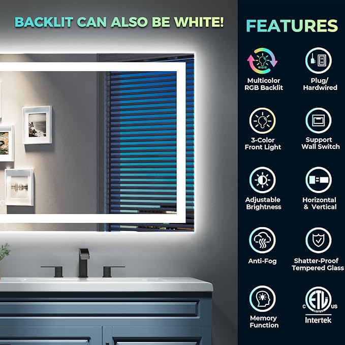 32x36 Inch RGB LED Bathroom Mirror Front Light and RGB Backlit Lighted Vanity Mirror for Bathroom Wall Mounted Dimmable Anti Fog Memory Shatter-Proof IP54 Waterproof Horizontal/Vertical