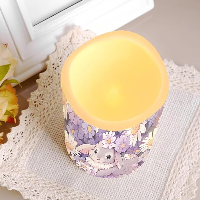 Cute Bunny Puprle Daisy Flickering Flameless Candles with Remote LED Pillar Candles Battery Operated with Timer Color Changing Electric Candles Easter Decoration