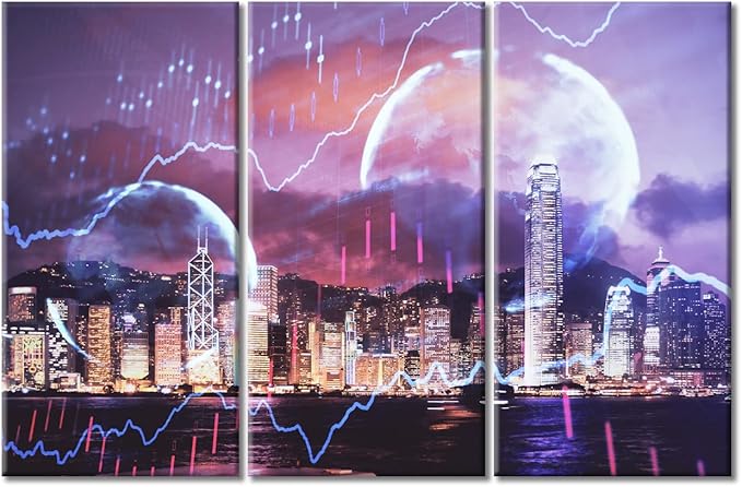 Forex Chart Drawings Over Cityscape Artwork Wall Decor 3 Pieces Trading Graph on the Cityscape at Night Background Paintings Wall Decor for Bedroom, Living Room, Office. Ready to Hang (60"Wx40"H)