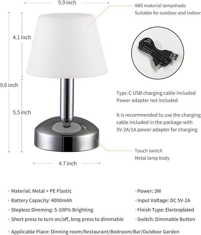 KDG Modern Cordless Small Table Lamps, Outdoor Portable Shower Waterproof LED Dimmable Desk Lamp, 5000mAh Rechargeable Battery Operated Light for Restaurant, Bedroom, Bathroom, Night Light (Silver)