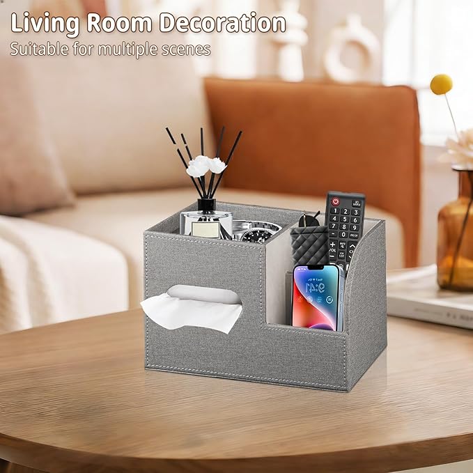 Leather Square Tissue Box Cover with Storage Tray,Cube Tissue Box Holder,Modern Facial Paper Organizer with Remote Control Holder for Bathroom,Vanity Countertop,End Table NightStand Home Office.Grey