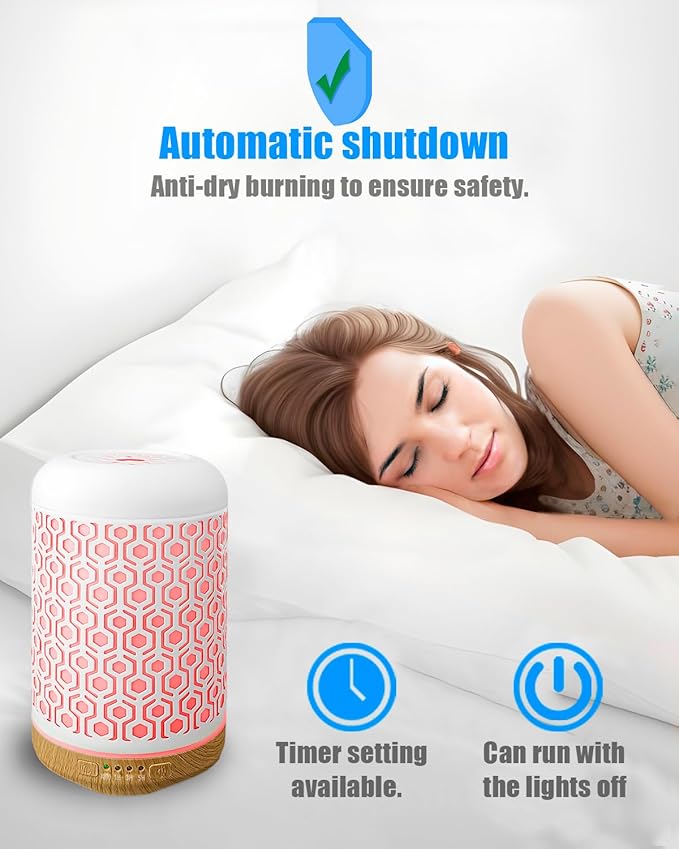 Essential Oil Diffuser, 250ml Iron-Art Ultrasonic Humidifier Aromatherapy Oil Diffuser with 4 Timer Mode & 7 Color Changing LED Lights, BPA-Free Waterless Auto-Off Aroma Diffuser (Off-White)