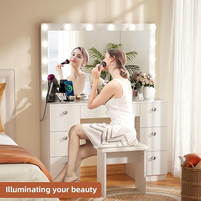 SMOOL Vanity with Lighted Mirror, Makeup Vanity Desk with Power Outlet and LED Bulbs, 3 Color Lighting Modes Adjustable Brightness, 7 Drawers Vanity Table with Cushioned Stool for Bedroom, Marble