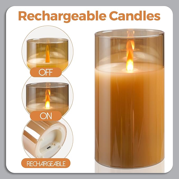 2 - Pack 6" Golden Rechargeable Flameless Pillar Candles with Remote & Timers，USB-Rechargeable Realistic Flickering Candles Real Wax - Ideal for Wedding & Festival Home Decoration