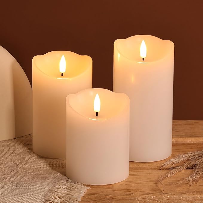White Flameless Pillar Candles with Remote, LED Candles Battery Operated, Real Wax Electric Candles Flickering Set of 3