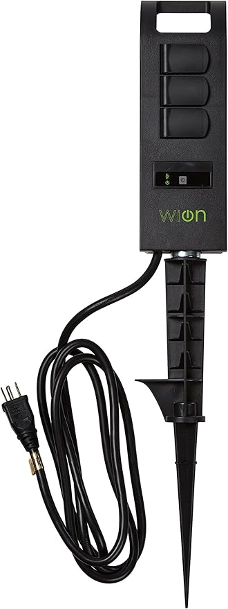 WiOn 50053 Outdoor Wi-Fi Plug-In Yard Stake With Smartphone Or Tablet Automation for up to 12 devices; 3 Grounded Outlets And 6 Foot Cord