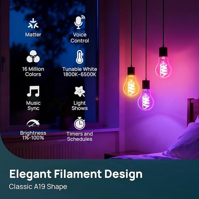 Linkind Matter Smart Light Bulbs, A19 Edison Filament Vintage Color Changing Light Bulbs, Warm&Daylight White(1800K-6500K), Compatible with Alexa, E26 LED 60W 850LM, 2.4GHZ WiFi Only, 1Pack