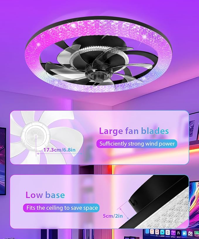 2 in 1 Wifi RGB-LED 20” Ceiling Fans with Lights and Remote, 3000-6500K Dimmable Flush Mount Smart Low Profile Ceiling Fan with Lights, Bluetooth Bladeless Fans with APP, for Bedroom, Black