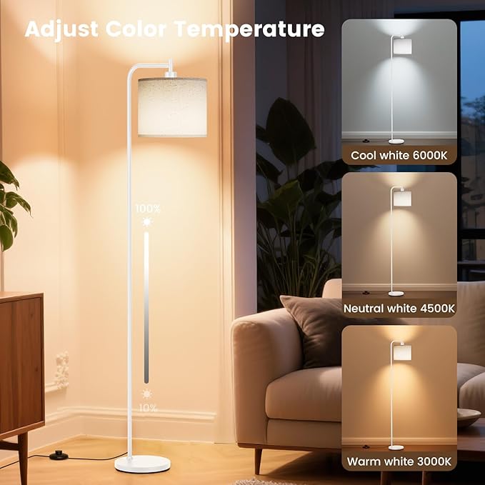 Floor Lamp with Linen Shade, Dimmable Tall Standing Lamp with Remote Control & 3 Color Temperatures, Modern Corner Floor Lamps for Living Room Bedroom Office, 9W LED Bulb Included
