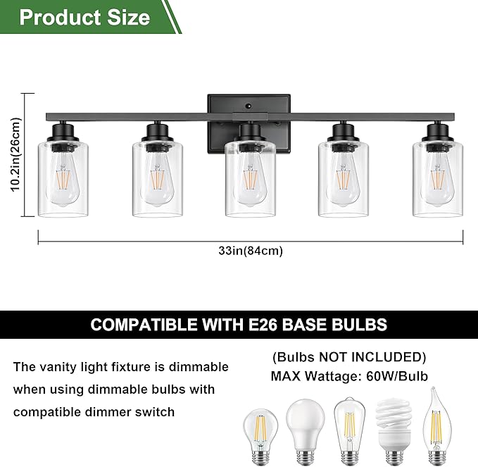 Ascher 5-Light Bathroom Light Fixtures, 33 Inch Vanity Lights with Clear Glass Shade, Modern Black Finish Wall Light for Mirror Bedroom Hallway Cabinet Porch