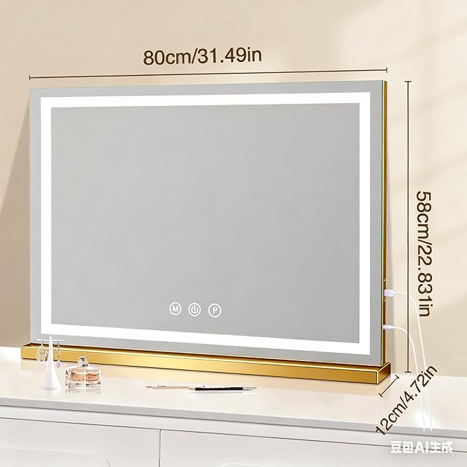 Vanity Mirror with Lights, 31.5" x 23.6" Large Makeup Mirror with LED Lights, Smart Touch Dimmable 3-Color Light, Memory Function, USB Charging Port
