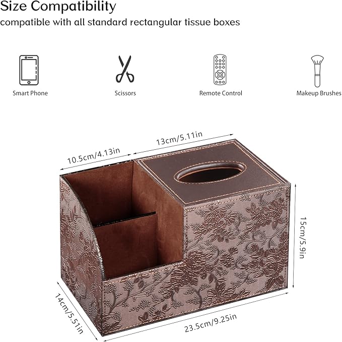 Fanousy Square Tissue Box Cover with Storage, PU Leather Cube Tissue Box Holder, Remote Control Nightstand Organizer, Modern Desk Caddy for End Table, Bathroom, Bedroom, Home, Office Decor