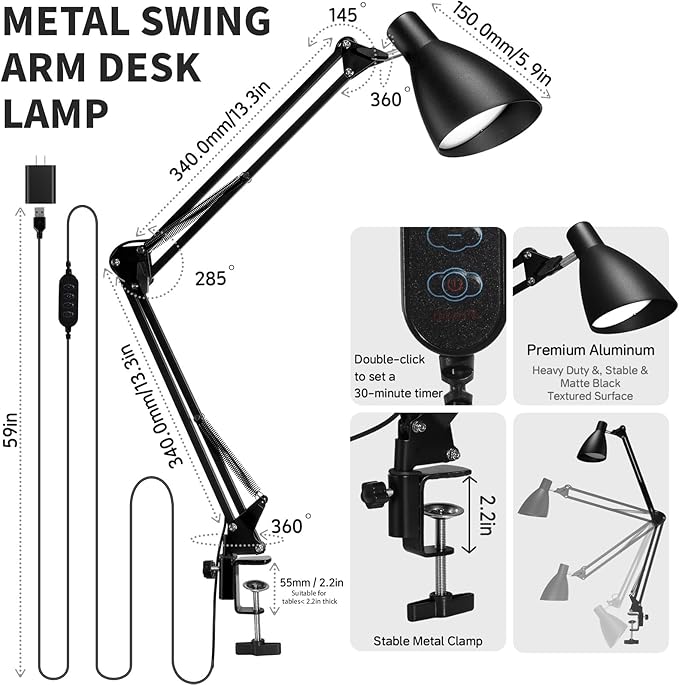 Led Desk Lamp for Home Office - Adjustable Gooseneck Table Stand with Clamp 5 Color Modes and 10 Brightness for Architect Puzzle Light Reading Craft Computer Work Study Sewing(Black)