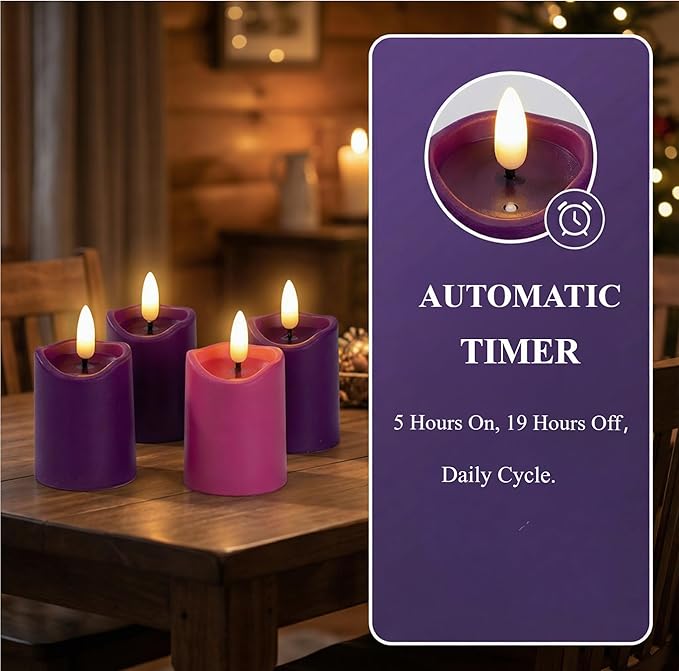 Simplelight Advent Candles, Purple & Pink Flameless Votive Candles with Timer, Advent Wreath with Flameless Candles, Realistic Black Wick, Set of 6-Battery Included (Purple Pink)