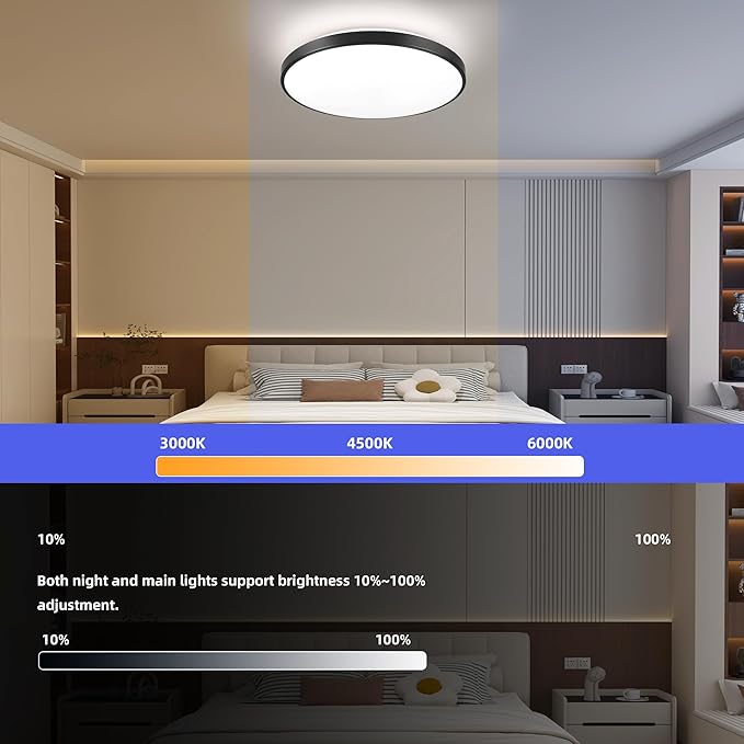 HOREVO 16inch 36W LED Ceiling Lamp Black Flush Mount Ceiling Light Fixture with Bluetooth Speaker with Remote Control, RGB Color Changing,for Living Room, Dining Room, Bedroom, Office