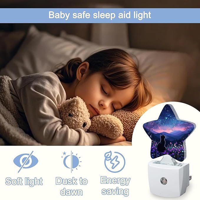 Cat Flowers Night Light,Mountain Starry Sky Plug-in Star Night Lights with Dusk-to-Dawn Sensor for Bedroom,Bathroom,Living Room Sleep Friendly Lamp for Women Girls Boys Gift,0.5W