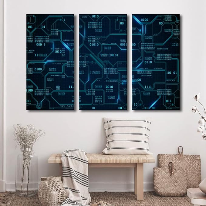 Digital Age Wall Art for Bedroom CPU Concept Canvas Painting Computer Chip Wall Art for Living Room Technology Modern Home Decor Poster 3 Panels Stretched on Wooden Frame Ready to Hang(40"Wx60"H)